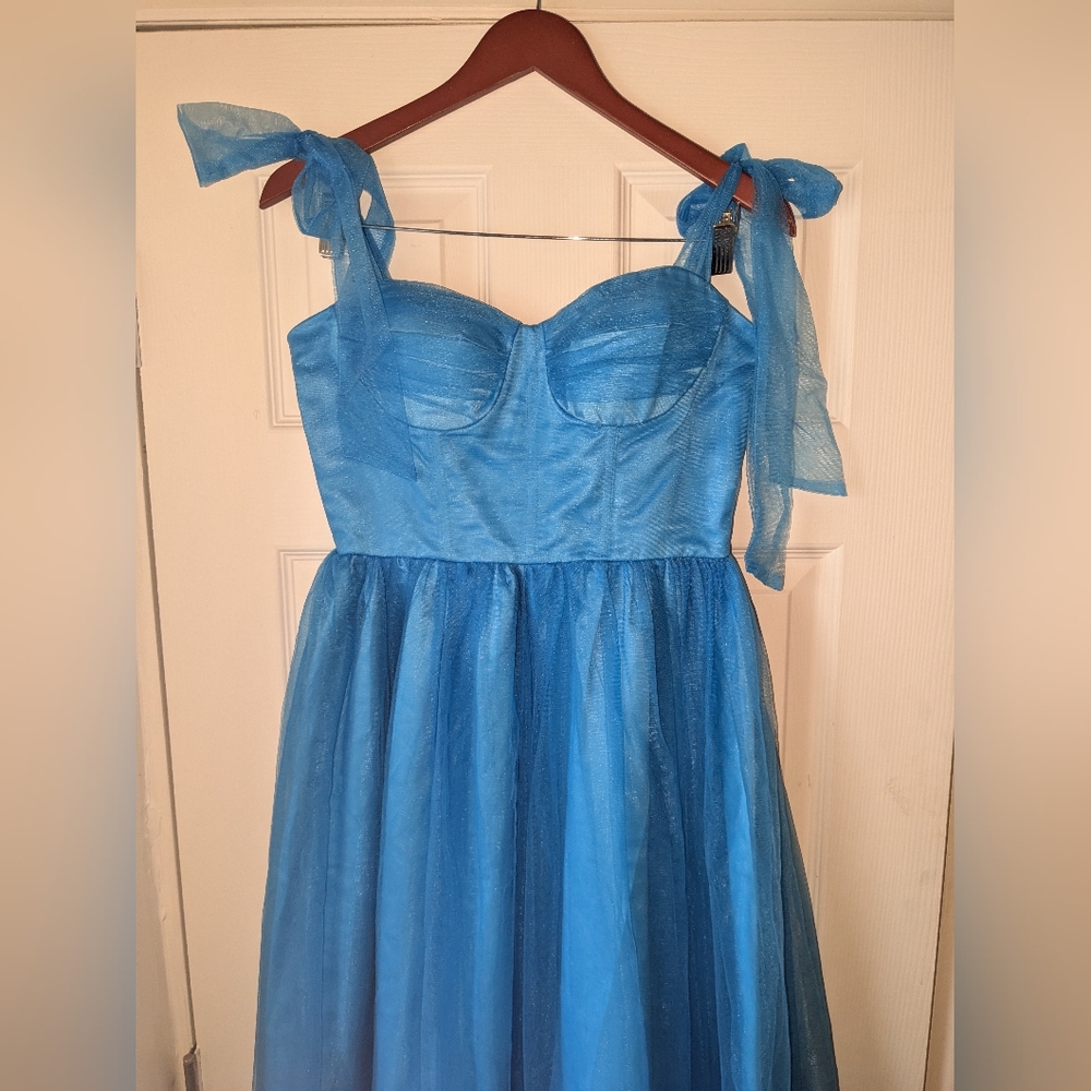 Tie Shoulder Ruffle Hem Mesh Maxi Dress In Color Blue. Size Medium.  $109 retail - Picture 7 of 10